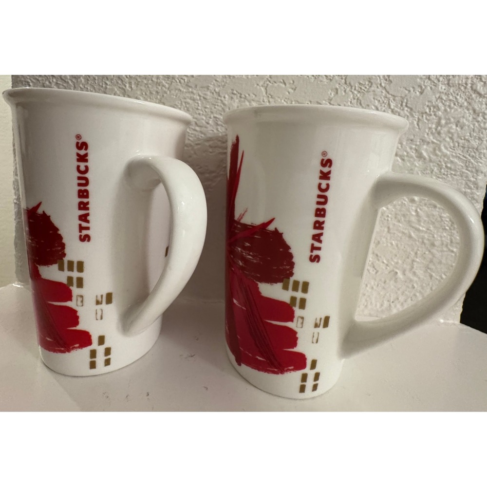 Starbucks White Red Floral Mugs Coffee Cup 12oz 2014 Set of 2